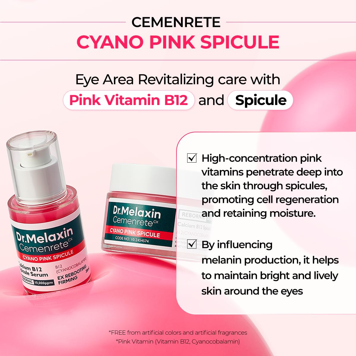 Cemenrete Cyano Pink Spicule Cream with Calcium, Vitamin B12 for under eyes skin, Dark Circles, Fine Lines, Puffiness&Eye Bags Cream, 1.69 fl. oz.