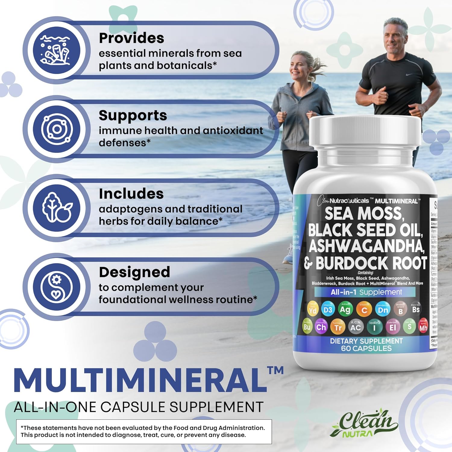Clean Nutraceuticals Sea Moss Black Seed Oil Ashwagandha Turmeric Bladderwrack Burdock & Vitamin C Vitamin D3 with Elderberry Manuka Dandelion Yellow Dock Iodine Chlorophyll ACV