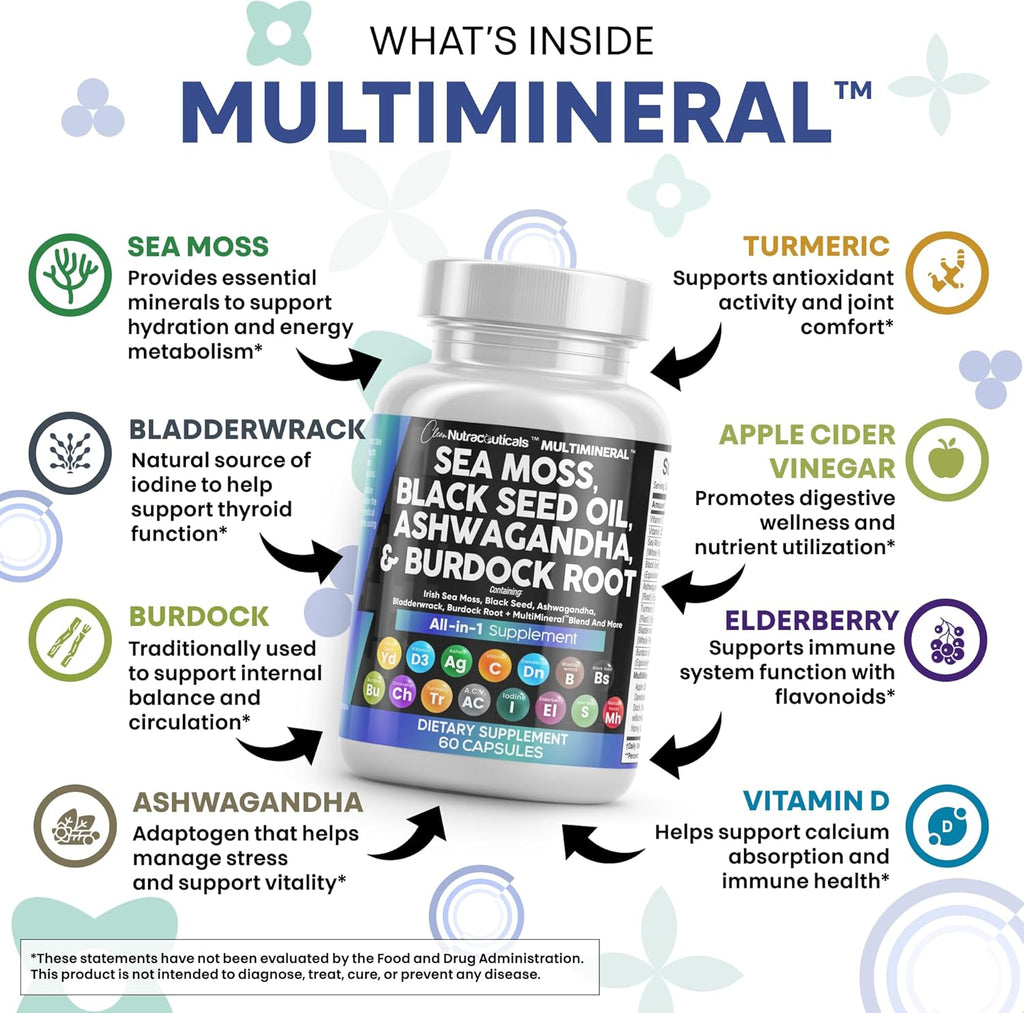 Clean Nutraceuticals Sea Moss Black Seed Oil Ashwagandha Turmeric Bladderwrack Burdock & Vitamin C Vitamin D3 with Elderberry Manuka Dandelion Yellow Dock Iodine Chlorophyll ACV
