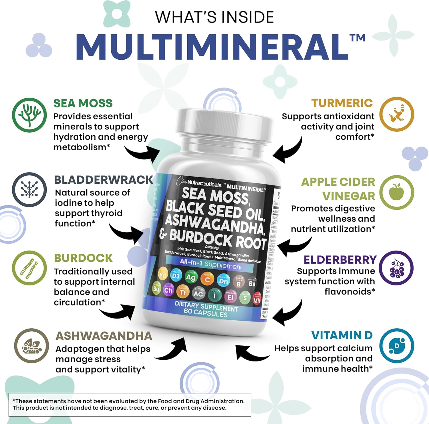 Clean Nutraceuticals Sea Moss Black Seed Oil Ashwagandha Turmeric Bladderwrack Burdock & Vitamin C Vitamin D3 with Elderberry Manuka Dandelion Yellow Dock Iodine Chlorophyll ACV