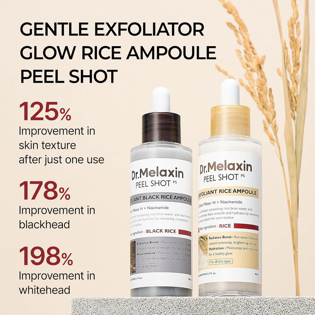Peel Shot Glow White and Black Rice Ampoule Duo, Soft Exfoliating Face and Body Scrub Dead Skin Cells, Blackheads Remover for All Skin Types