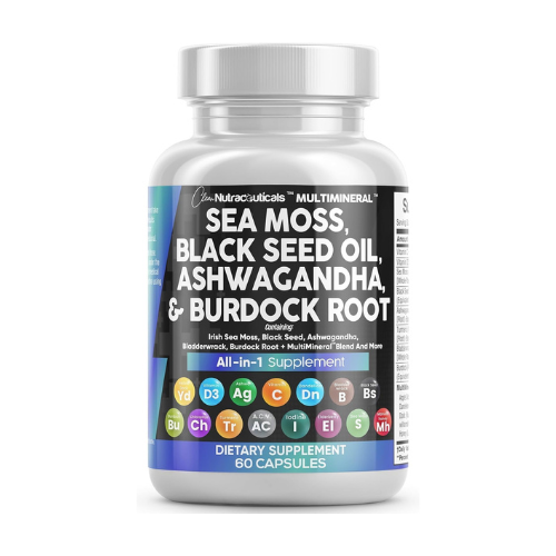 Clean Nutraceuticals Sea Moss Black Seed Oil Ashwagandha Turmeric Bladderwrack Burdock & Vitamin C Vitamin D3 with Elderberry Manuka Dandelion Yellow Dock Iodine Chlorophyll ACV
