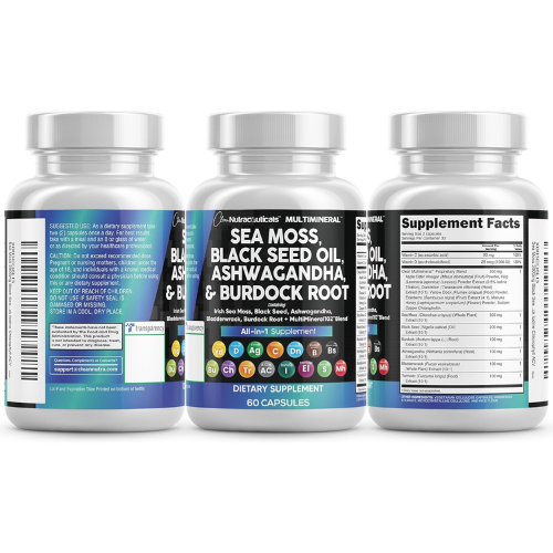 Clean Nutraceuticals Sea Moss Black Seed Oil Ashwagandha Turmeric Bladderwrack Burdock & Vitamin C Vitamin D3 with Elderberry Manuka Dandelion Yellow Dock Iodine Chlorophyll ACV